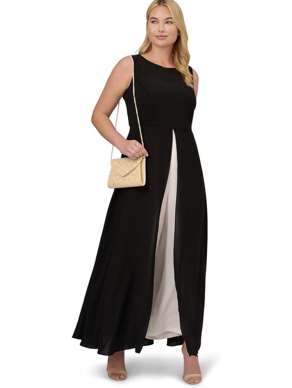 ADRIANNA PAPELL Crepe Overlay Formal One Piece Jumpsuit Size 6 Black/Ivory $179 - Picture 4 of 10
